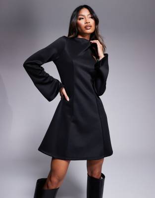 scuba grown on neck fit and flare mini dress in black