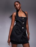 [ASOS DESIGN] ASOS DESIGN scuba halter 2-in-1 waistcoat mini dress with gold buttons in black 4 Black