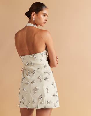ASOS DESIGN scuba halter a line mini dress with scattered embellishments in stone