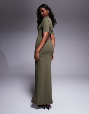 Asos Design Scuba High Neck Maxi Pencil Dress With Short Sleeves And Large Gold Button Detail Slit In Green