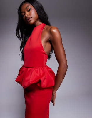 Asos Design Scuba High Neck Puff Peplum Midi Dress In Red