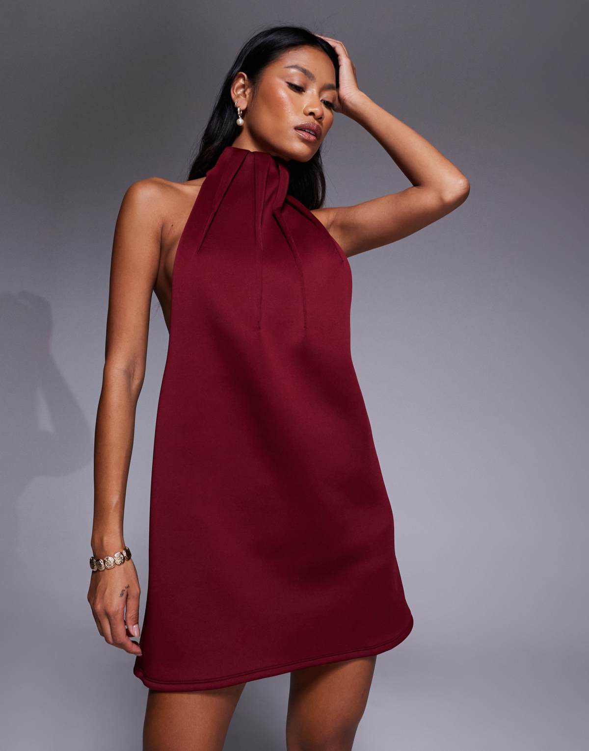 ASOS DESIGN scuba high neck swing mini dress with exaggerated darts in burgundy