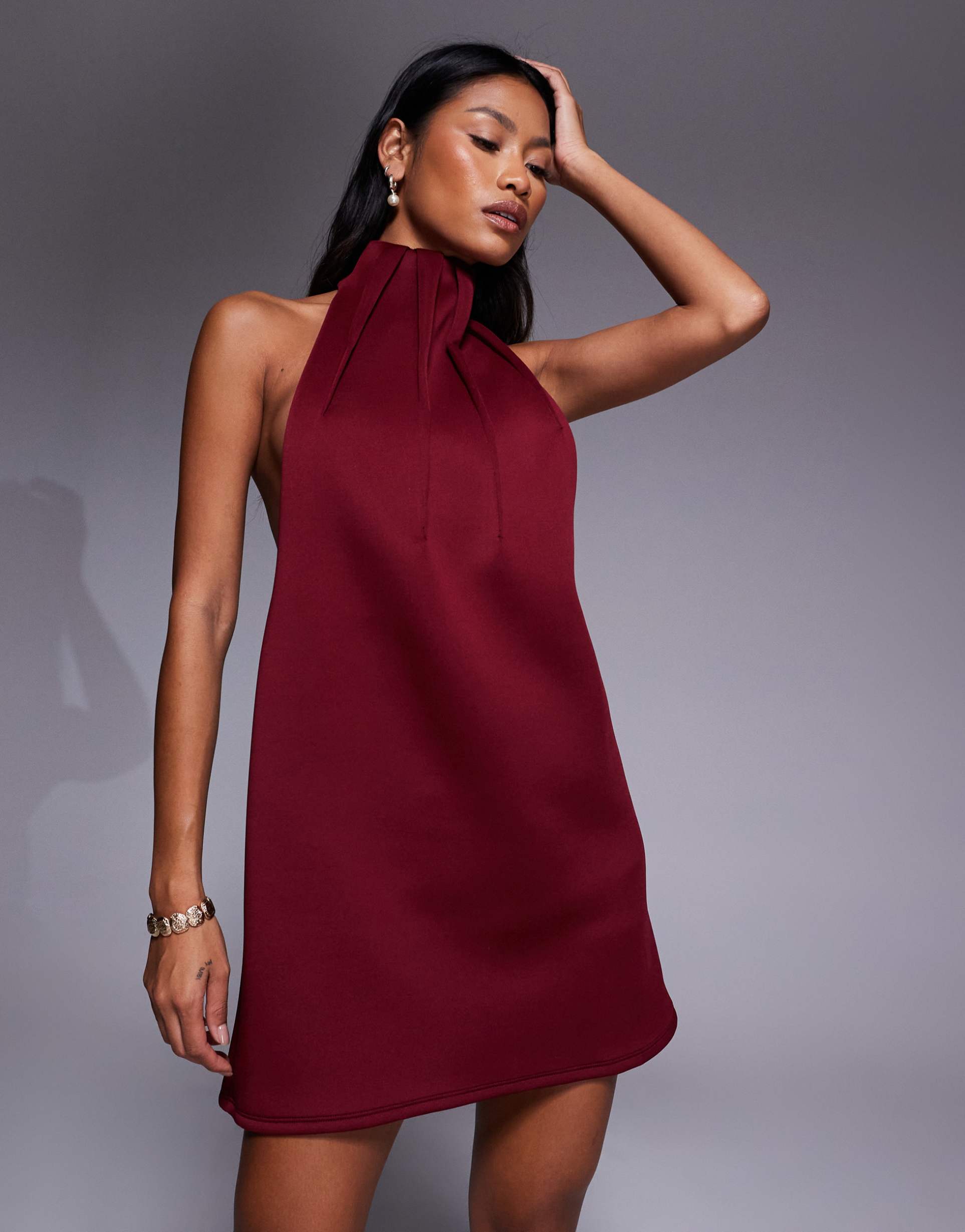 asos design scuba high neck swing mini dress with exaggerated darts in burgundy