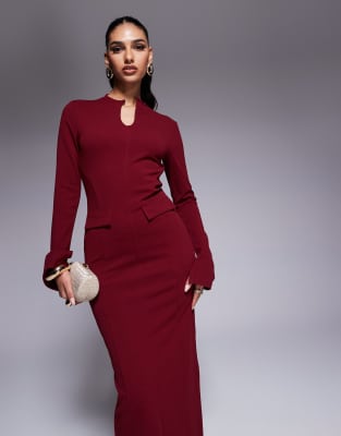 scuba long sleeve midi dress with pocket detail in burgundy-Red