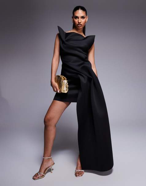 ASOS DESIGN scuba manipulated off shoulder mini dress with structured pleats and sash detail in black - view 1