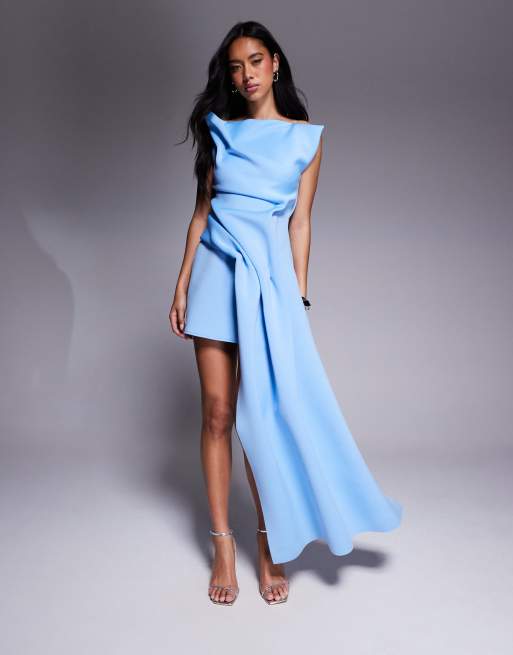 ASOS DESIGN scuba manipulated off shoulder mini dress with structured pleats and sash detail in light blue