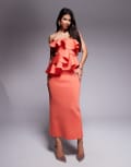 [ASOS DESIGN] ASOS DESIGN scuba manipulated ruffle overlay bandeau midi dress in coral-Orange 10 Coral
