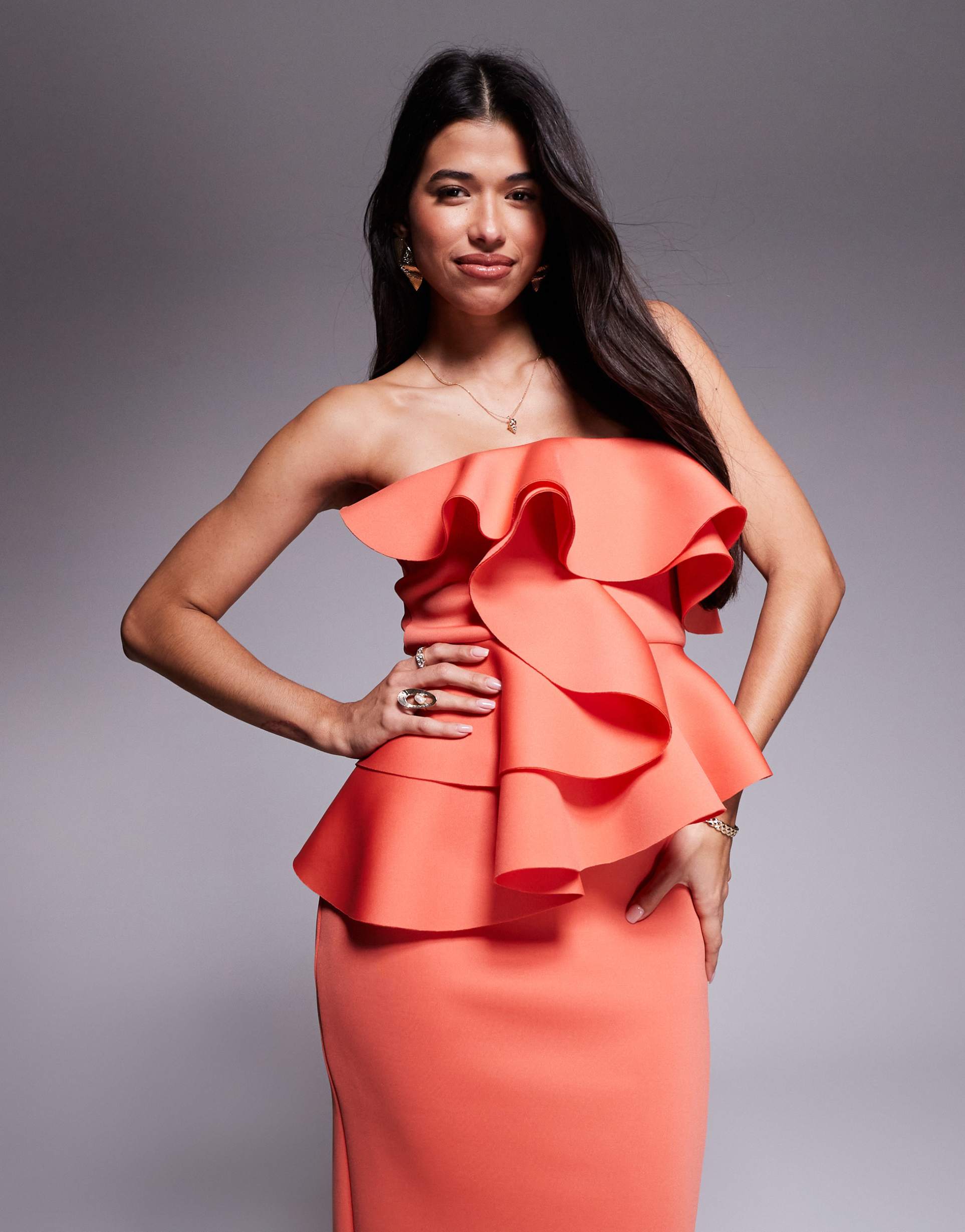 asos design scuba manipulated ruffle overlay bandeau midi dress in coral