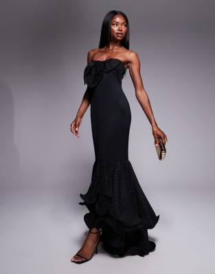 Asos Design Scuba Maxi Dress With Plisse Ruffle Detailing In Black