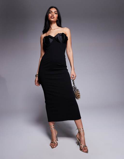 ASOS DESIGN - Scuba midi bandeau-jurk met geplooide cups in zwart