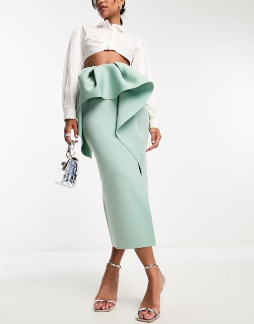 ASOS DESIGN scuba midi skirt with volume frill waist in mint green