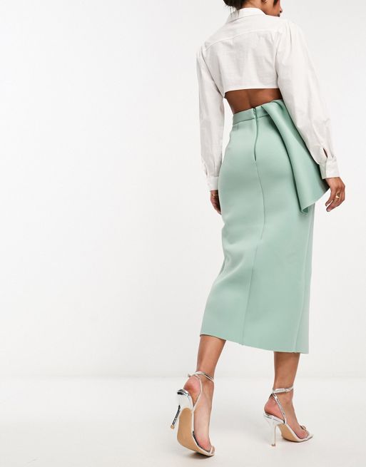 ASOS DESIGN scuba midi skirt with volume frill waist in mint green