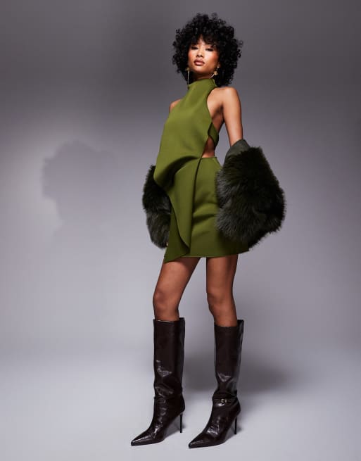 ASOS DESIGN scuba mini dress with halter neck and fold back detail in khaki green