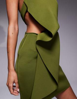 asos design scuba mini dress with halter neck and fold back detail in khaki green