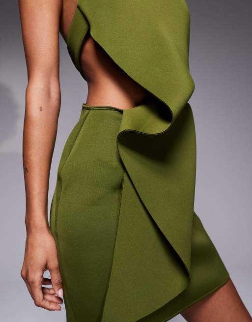 ASOS DESIGN scuba mini dress with halter neck and fold back detail in khaki green