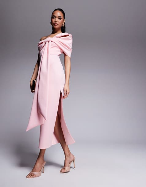 ASOS DESIGN scuba off shoulder bow detail midi dress in pink - view 1