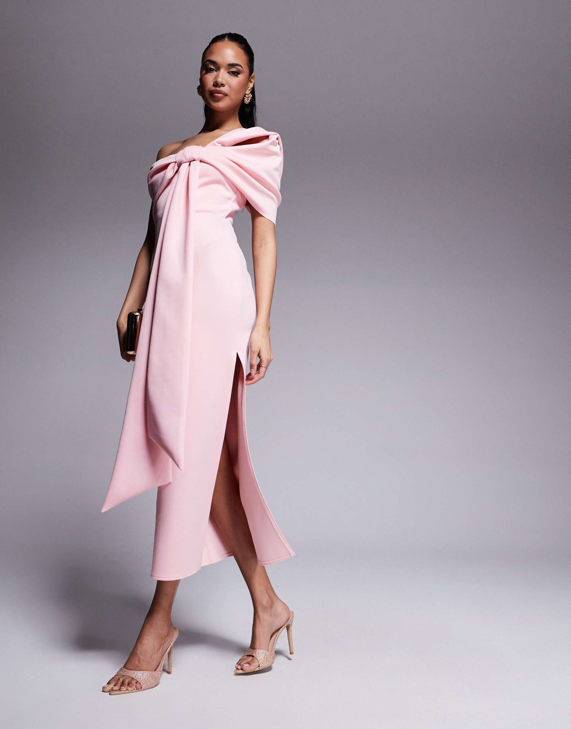 asos design scuba off shoulder bow detail midi dress in pink
