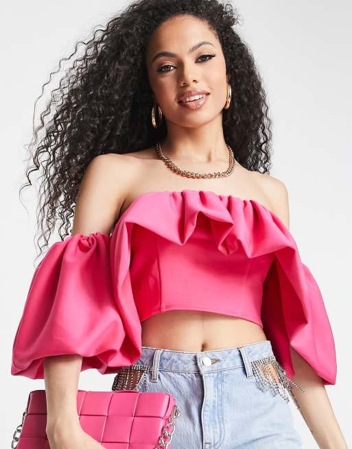 ASOS DESIGN scuba off shoulder top with exaggerated sleeve in pink