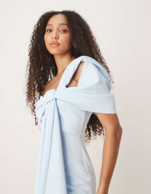 Asos Design Scuba Off The Shoulder Bow Detail Midi Dress In Blue