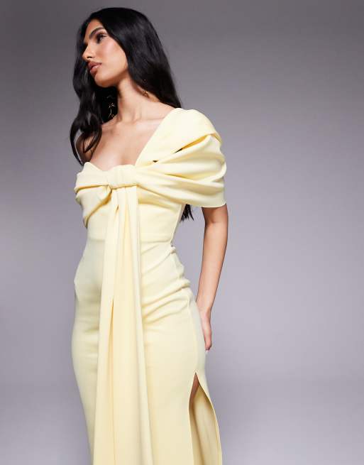 ASOS DESIGN scuba off the shoulder bow detail midi dress in yellow