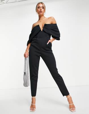 ASOS Design Lace Overlay Bodysuit Wide Leg Jumpsuit in Black