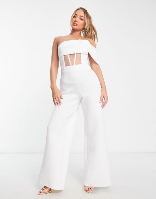 ASOS DESIGN scuba one shoulder corset detail jumpsuit in white | ASOS