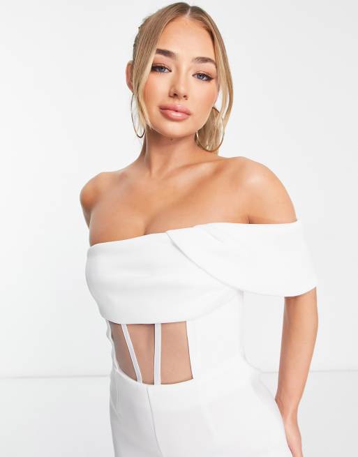 ASOS DESIGN scuba one shoulder corset detail jumpsuit in white