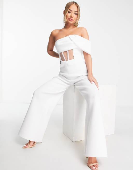 ASOS DESIGN scuba one shoulder corset detail jumpsuit in white