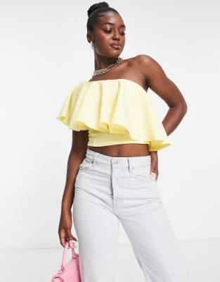 Asos Design Scuba One Shoulder Frill Crop Top In Lemon-yellow