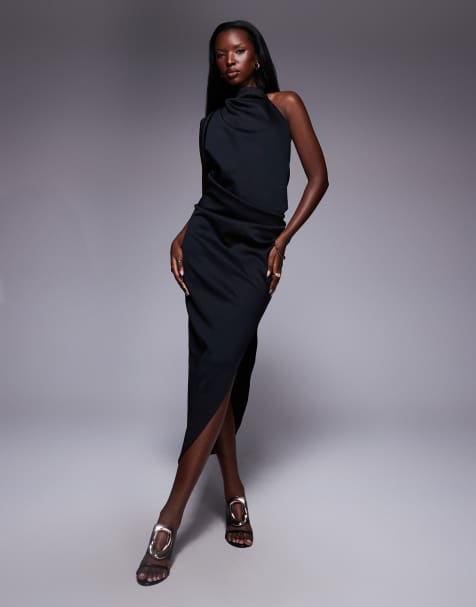 ASOS DESIGN scuba one shoulder midi dress in black - view 1
