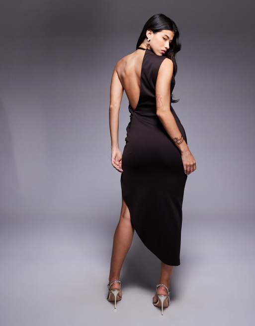 ASOS DESIGN scuba one shoulder midi dress in chocolate