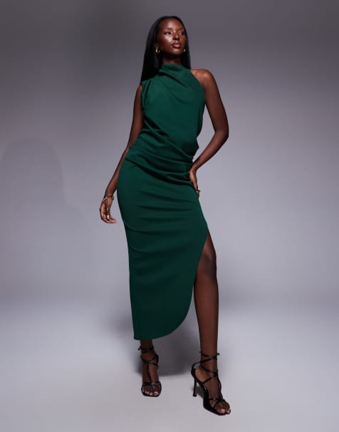 ASOS DESIGN scuba one shoulder midi dress in dark green - view 1
