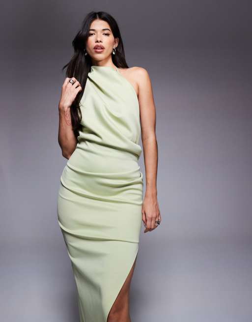 ASOS DESIGN scuba one shoulder midi dress in sage