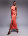 [ASOS DESIGN] ASOS DESIGN scuba one-shoulder pleated detail mini dress in coral-Orange 12 Coral