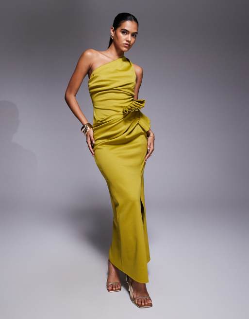 ASOS DESIGN scuba one shoulder pleated detail mini dress in green