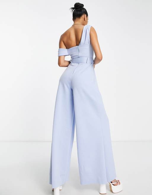 Bright Blue One Shoulder Plisse Wide Leg Jumpsuit