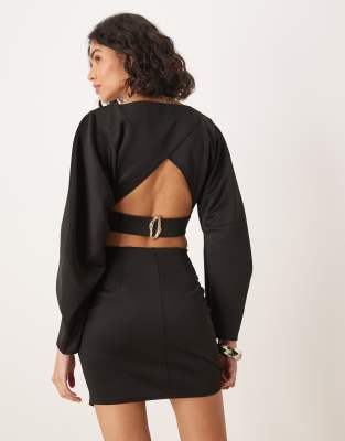 ASOS DESIGN CO-ORD OPEN BACK CROP TOP WITH VOLUME SLEEVES