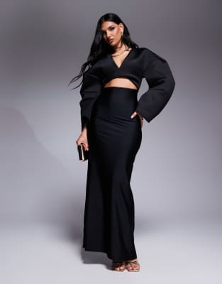 Asos Design Scuba Oversize Shoulder Faux-ord Maxi Dress With Sculpting Jersey Skirt In Black