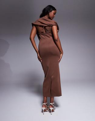 Asos Design Scuba Pleated Fallen Shoulder Midaxi Dress With Asymmetric Back In Brown