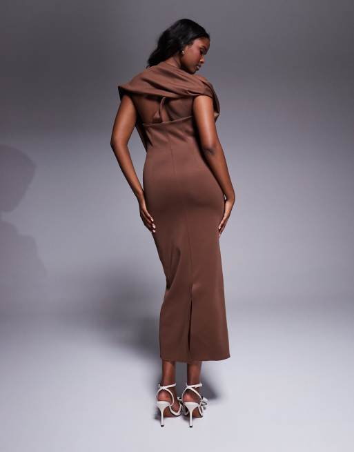 ASOS DESIGN scuba pleated fallen shoulder midaxi dress with asymmetric back in chocolate