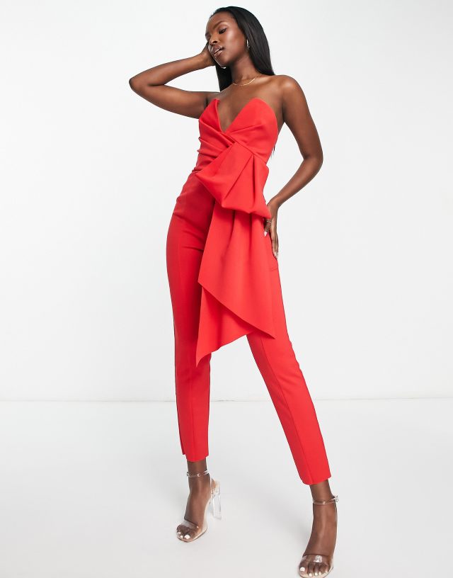 ASOS DESIGN - scuba plunge bandeau jumpsuit with bow detail in red