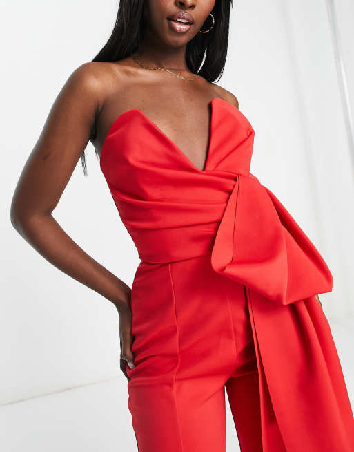 ASOS DESIGN scuba plunge bandeau jumpsuit with bow detail in red