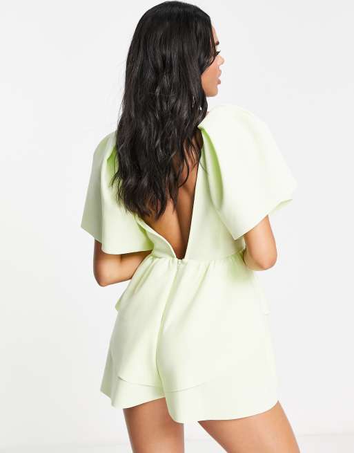 ASOS DESIGN scuba puff sleeve double layer romper in pastel green