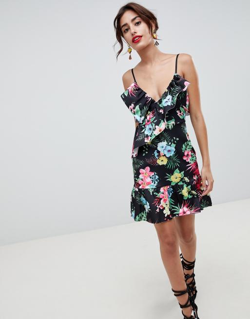 ASOS DESIGN scuba ruffle dress in tropical print