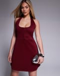 [ASOS DESIGN] ASOS DESIGN scuba scoop halter mini dress with hook and eye detail in wine-Red S Wine