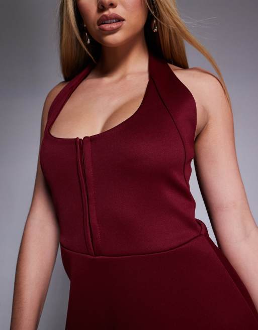 ASOS DESIGN scuba scoop halter mini dress with hook and eye detail in wine
