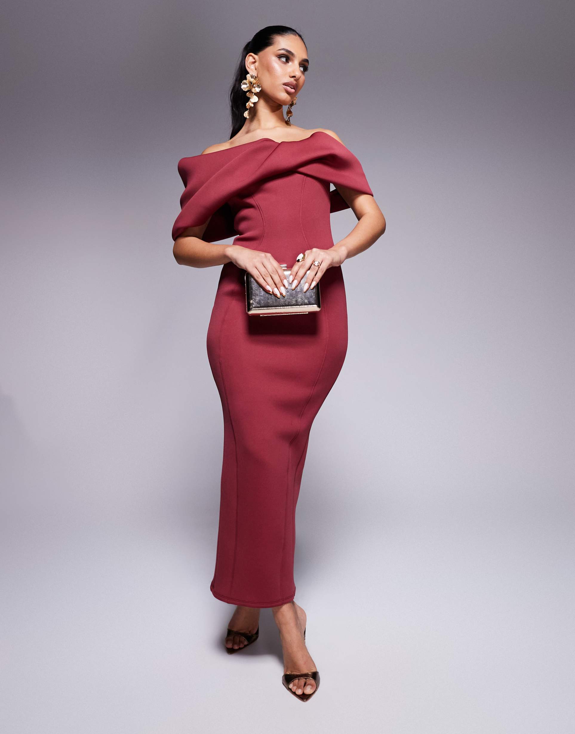 asos design scuba sculptural bardot midi dress with seam detailing in burgundy