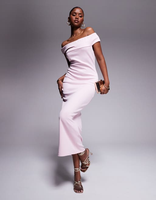 ASOS DESIGN scuba slash detail bardot midi dress in pastel pink