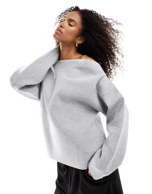 Asos Design Scuba Slash Neck Long Sleeve Sweatshirt In Gray