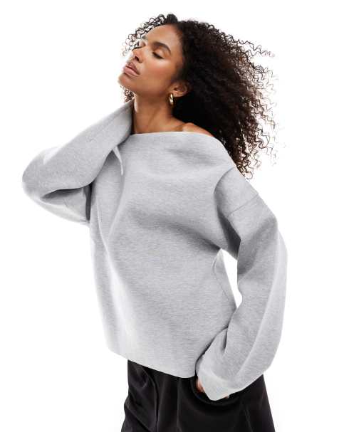 ASOS DESIGN scuba slash neck long sleeve sweatshirt in gray - view 1